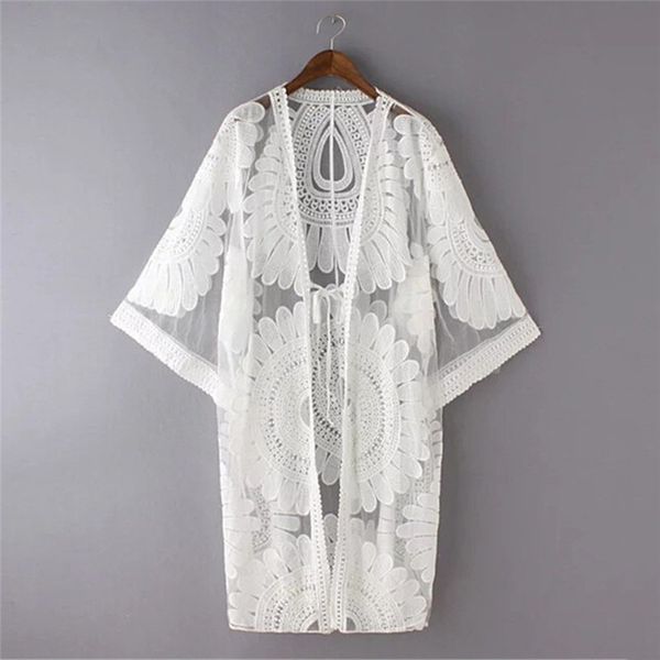 

new summer swimsuit lace hollow crochet beach bikini cover up 3/4 sleeve women swimwear beach dress white tunic shirt