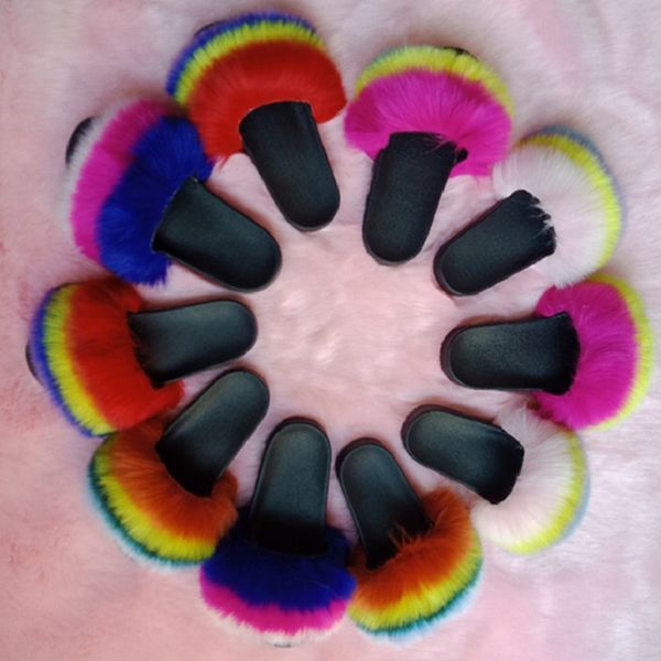 

women sandals fur slippers & club non-slip wear-resisting plush outdoors holiday beachwear flat shoes furry gradient fashion 0124, Black