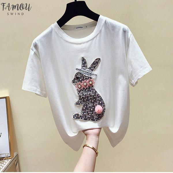 

ggrihht cotton funny beading t shirts women 2020 summer white harajuku o neck short sleeve tees shirt animal streetwear tshirt