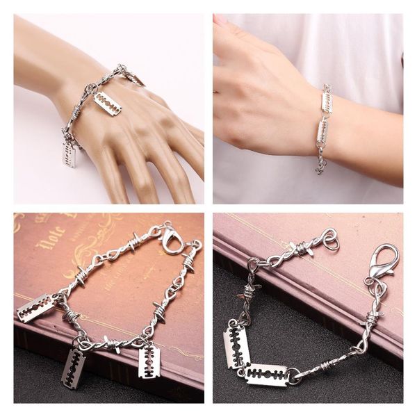 

punk silver razor blade bracelet thorns iron chain metal pendant bracelet trendy male bangle hip hop gifts, Black
