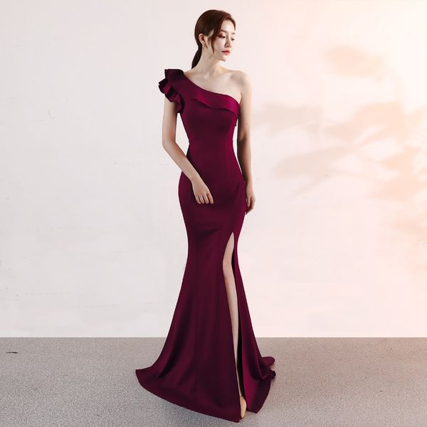 

new mermaid satin maxi dress ruffles one shoulder high front split royal red champagne black dress sukienki vestido longo, Black;pink