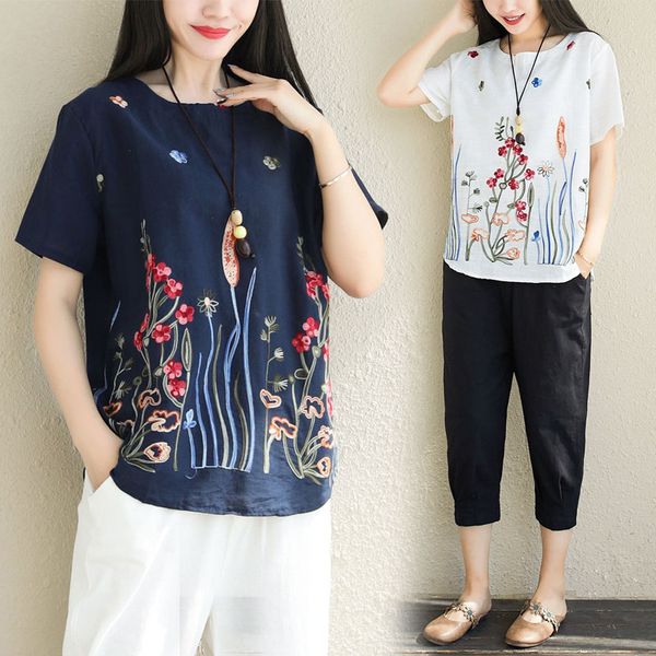 

femme tee shirt темно-белые ботанические топы с цветочным принтом лето женщины с короткими рукавами свободная хлопковая и льняная футболка с, White