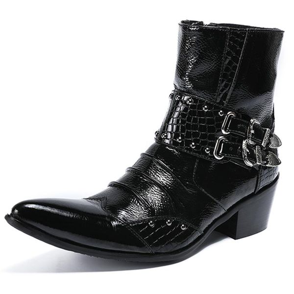 

men's fashion martin boots cowboy knight western motorcycle full grain leather casual british booties ankle chirstmas performance shoes, Black