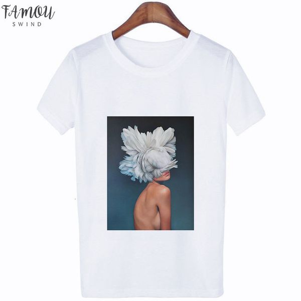 

camisetas verano mujer 2020 harajuku эстетика tshirt lady цветы перо с коротким рукавом cap рукавом белый топы тис повседневный пара футболк, White