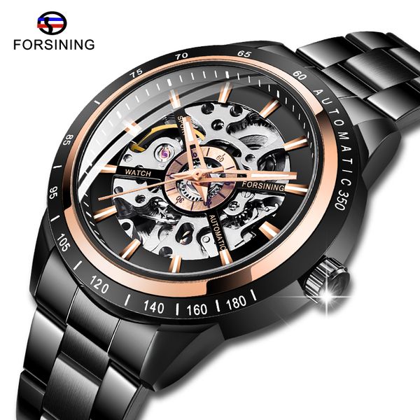 

fashion forsining men mechanical watches black skeleton male analog stainless steel waterproof luminous wristwatch drop shipping, Slivery;brown