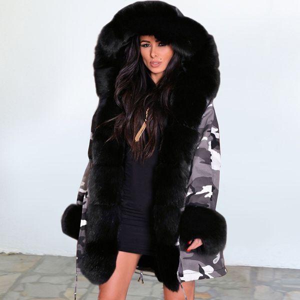 

3colors женщины зима ветровки теплый толстые искусственного меха пальто hood vintage parka long камуфляж печатные куртки, Black