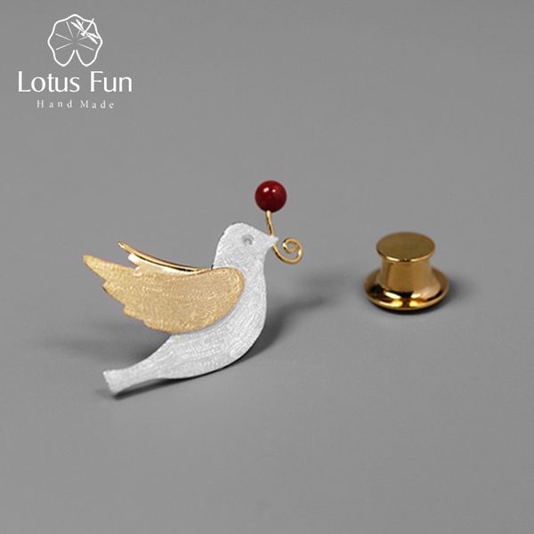 

lotus fun real 925 sterling silver handmade fine jewelry creative flying pigeon with fruits brooches for women cute gift, Slivery;golden