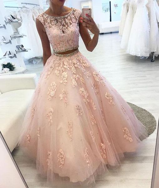 

Two piece evening dre long leevele tulle appliqued cry tal o neck prom gown party dre e robe de oiree