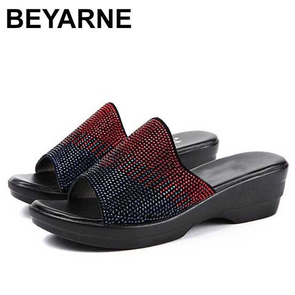 

slippers beyarne woman rhinestones genuine leather summer shoes fashion wedges heels sandals women slides big size 41, Black