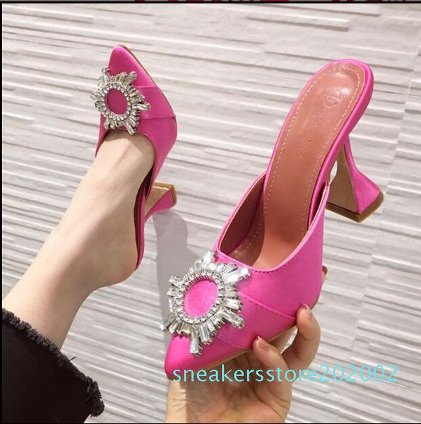 

rose red women pumps silk satin pointed toe rhinestone crystal high heels woman wedding pumps slip on cup heeled mules s02, Black