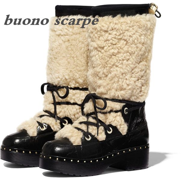 

winter wool low heel platform fashion tube strap rivet sleeve large size snow boots, Black