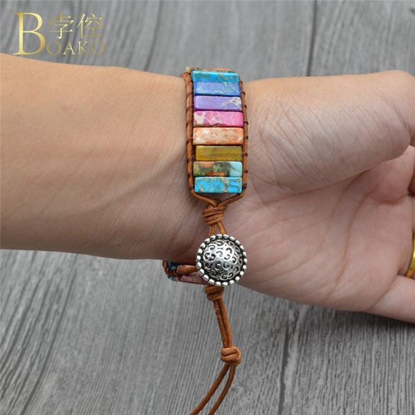 

chakra bracelet women jewelry handmade multi color natural stone tube beads leather wrap bracelet couples men creative gifts r5f, Black