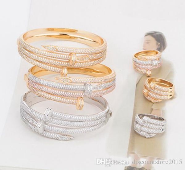 

europe america fashion brand jewelry sets lady brass double pegs full diamond nail 18k gold bracelets rings sets (1sets) 3 color, Slivery;golden