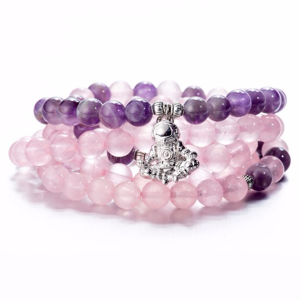 

amethystine pink quartz stones astronaut meditated pendant women yoga multi-layer wrap bracelets, Golden;silver