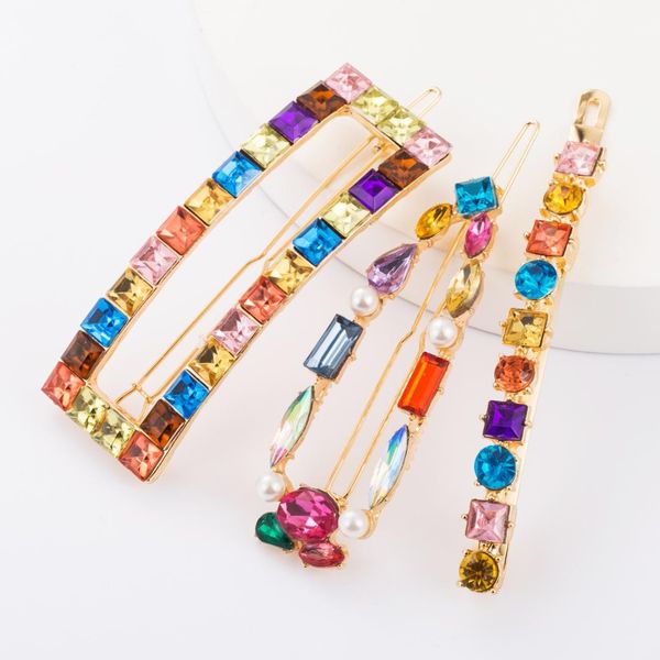

1 pcs new design shiny crystal rhinestones hairpins barrettes colorful geometric hair clips hairstyle hair accessories barrettes, Golden;white