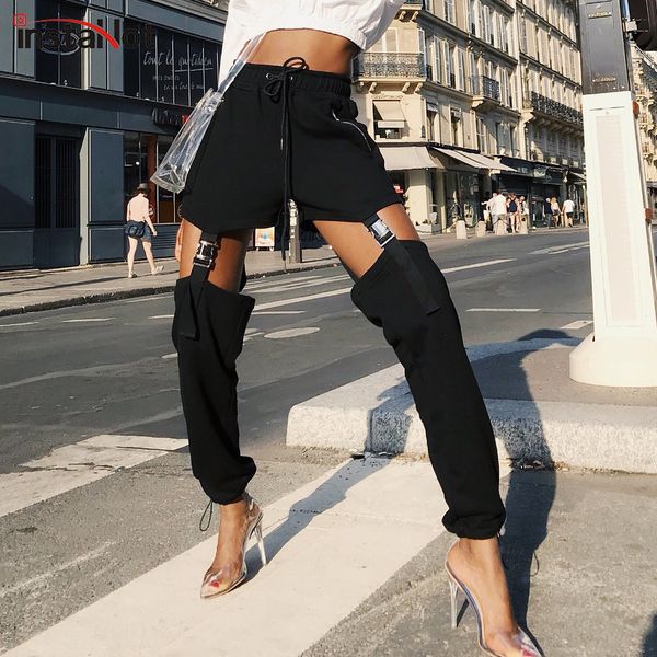 

instablack drawstring buckle pencil pant women zipper high waist harem cargo pants streetwear casual solid rock trousers, Black;white