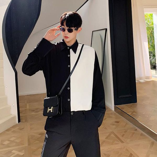 

men black white splice casual long sleeve casual shirt male women shirt, White;black