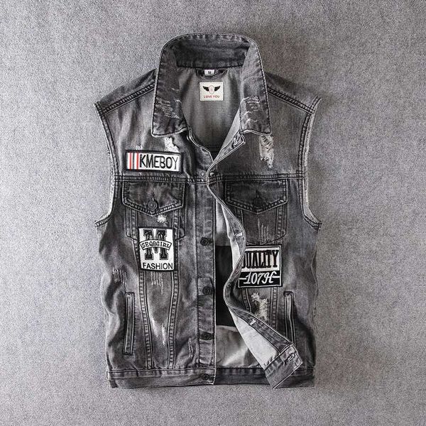 

men's vests fashion streetwear men vest black gray patches designer destroyed ripped biker denim sleeveless hip hop chaqueta hombre, Black;white