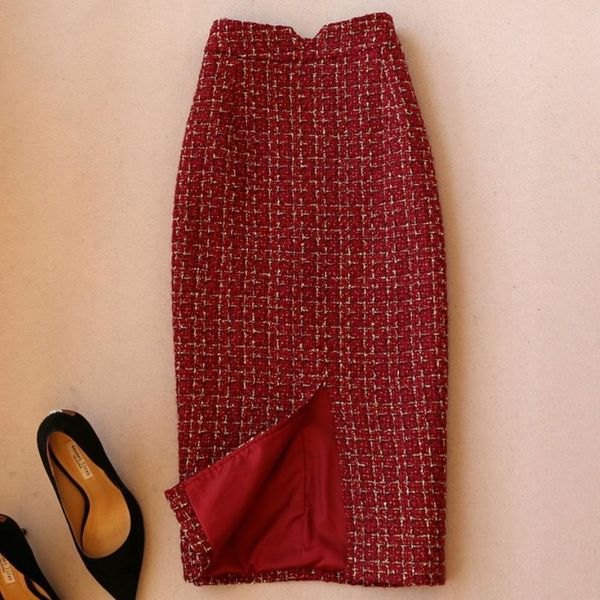 

new arrival tweed woolen skirt women high waist office lady split pencil skirt, Black;gray