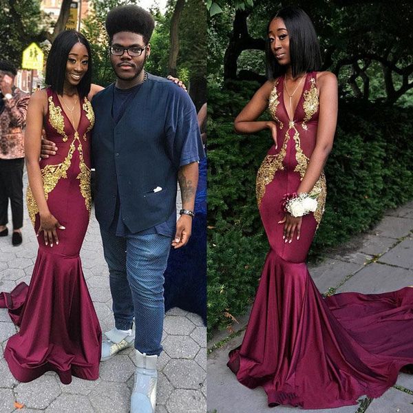 

burgundy with gold prom dresses v neck appliques lace sweep train long mermaid 2020 evening dress party gowns custom size, Black