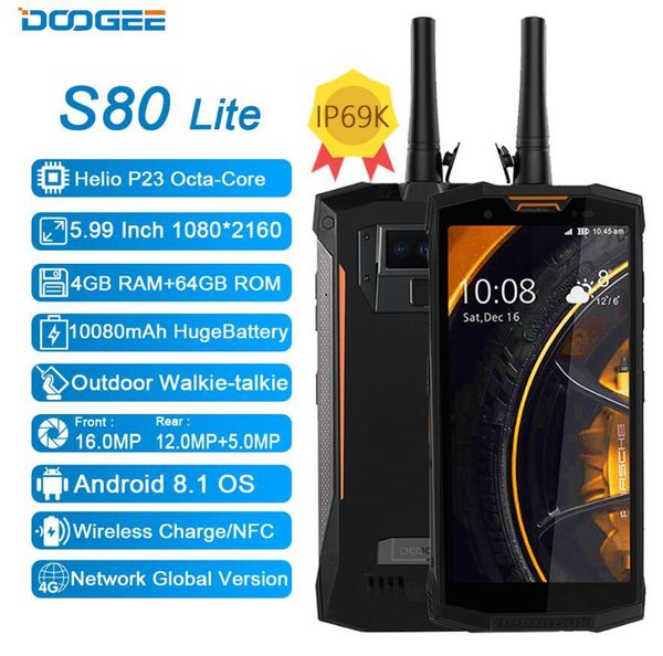 

DOOGEE S80 Lite IP68 Водонепроницаемый мобильный телефон 5,99 "4 ГБ + 64 ГБ Helio P23 Octa Core Android 8.1 10080 мАч 13MP камера NFC смартфон