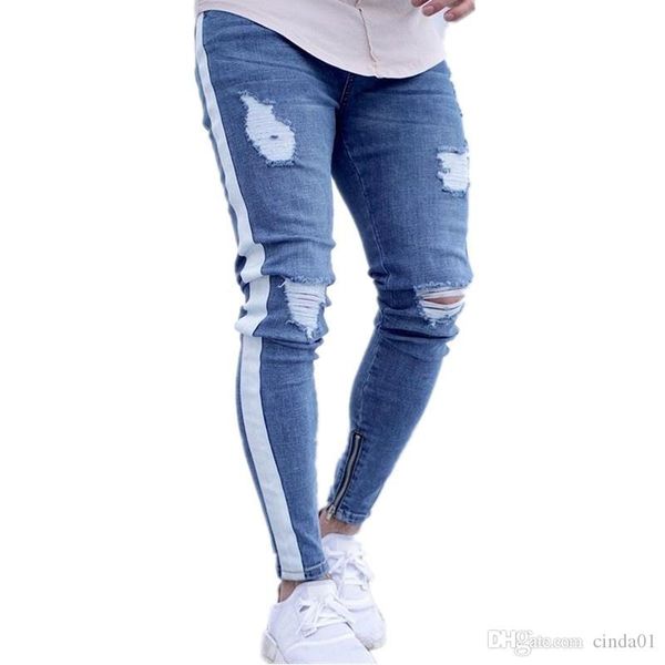 

mens ripped vintage side striped pencil pants male distrressed slim fit skinny jeans with holes ing, Blue