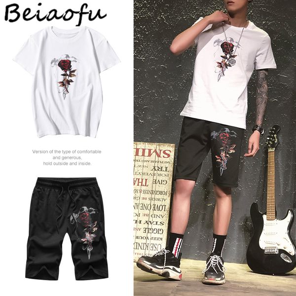 

beiaofu бренд хип печатных мужская футболка наборы хлопок шорты leeve рубашка мужской повседневная футболка с брюками летняя мужская одежда, Gray