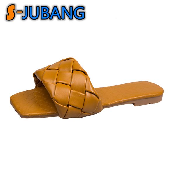 

square toe summer slippers women woven flats shoes cute slippers sandals pu leather ladies slides zapatos de mujer s02, Black