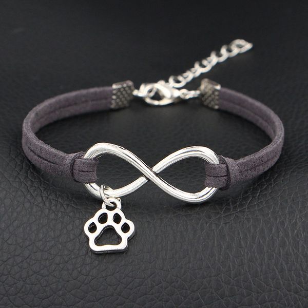 

romantic silver color infinity love pets cat dog paw pendant bracelets handmade dark gray leather suede velvet rope jewelry gift n85, Golden;silver