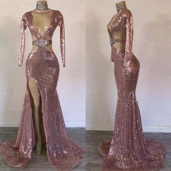 

rose gold mermaid prom dresses deep v neck sequins crystal high side split party wear formal evening gowns vestidos, Black
