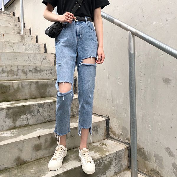 

blue loose hole burrs nine points wide-legged pants