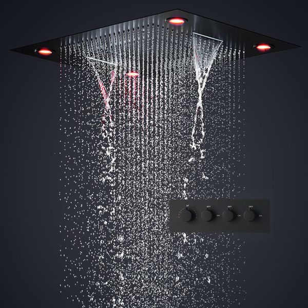 Sistema de banho de chuveiro preto Luxuoso Sistema de banho grande Cachoeira de chuva escondida em diodo emissor de luz 600x800mm com torneiras termostáticas do chuveiro