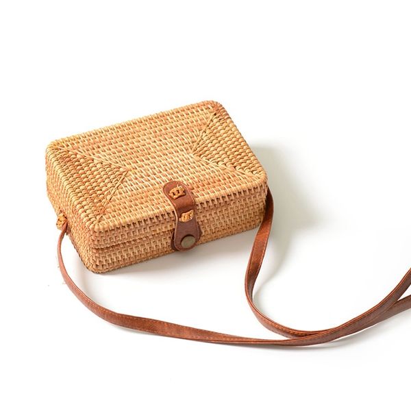 

ins new ladies hand-woven satchel square rattan literary hand-woven leather buckle package bohemia beach messenger satchel