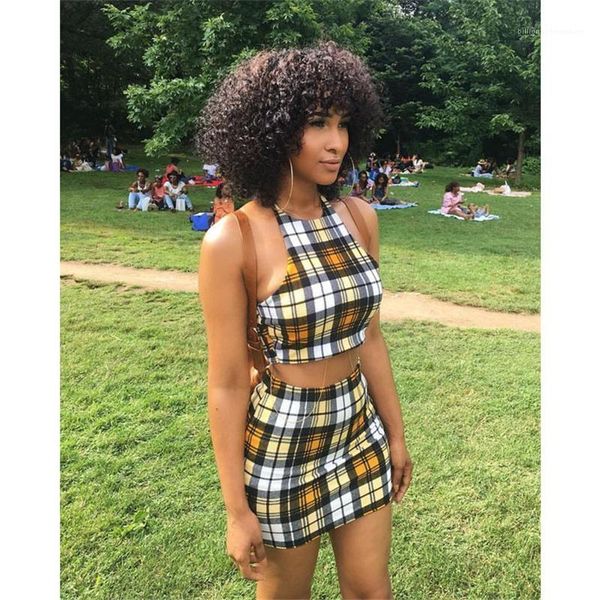 

designer woman 2pcs summer dress fashion short two piece dress sports plaid two piece dress, White