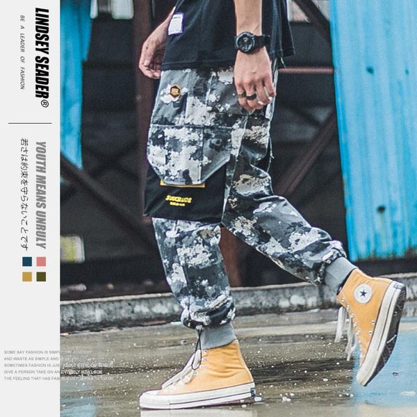 

lindsey seader hiphop camouflage cargo pants streetwear men harajuku pants multi pocket baggy hiphop harem trousers casual, Black