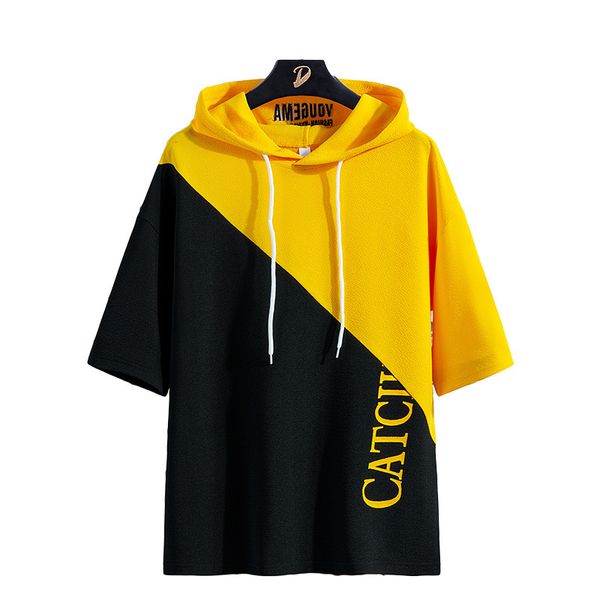 

мужская дизайнерская толстовка с коротким рукавом мужская тенденция свободная повседневная с капюшоном круглый вырез сращивание половина рук, Black