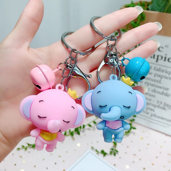 

cute cartoon epoxy elephant keychain metal bell key ring holder pu leather car charm trinket dolls key chain, Silver