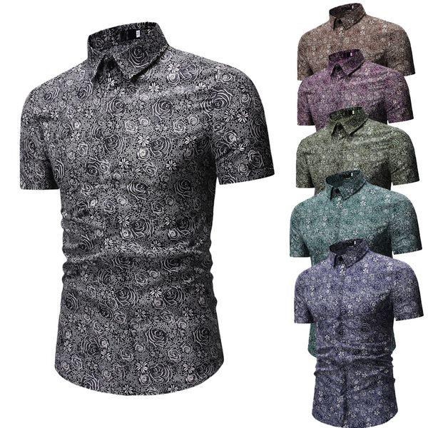 

mens formal shirt summer fashion flower printed short sleeve dress shirts new stylish gray blue male clothing, White;black