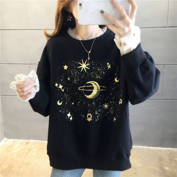 

новые harajuku черные фуфайки overssized толстовка женщины луна вышивки с длинным рукавом спортивные костюмы женские повседневные тонкие хло, Black