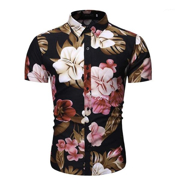 

floral printed casual turn down collar loose shirt mens summer beach holiday shirts mens designer shirt, White;black