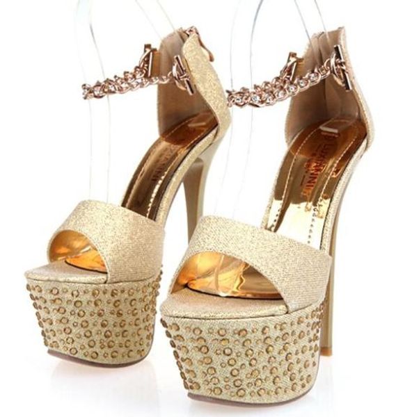 

new brand women 16cm ultra thin high heel sandals fashion rhinestone ladies evening party shoes wedge platform sandals yn, Black
