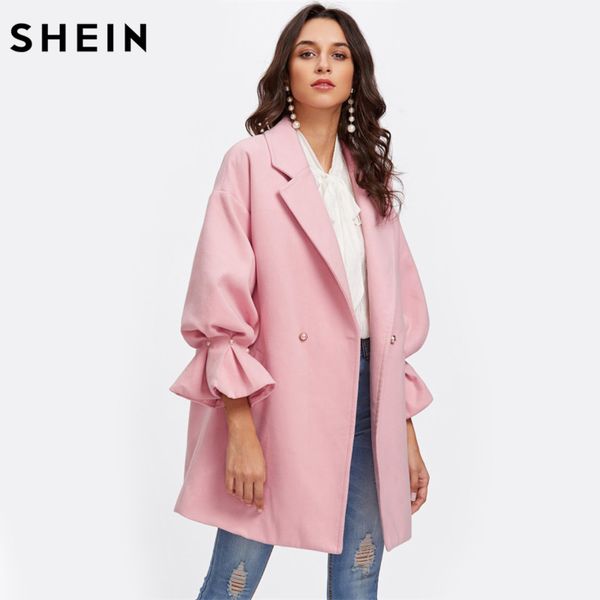 

shein drop shoulder pearl detail ruffle cuff coat elegant coats for women pink long sleeve ladies spring autumn coats, Black