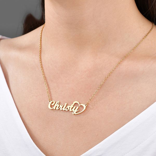 

romantic heart name necklace gold color stainless steel custom necklaces for women nameplate pendant choker bff love gift, Silver