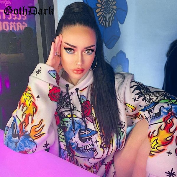 

goth dark bone print punk gothic grunge sweatshirts for women aesthetic autumn 2019 loose hooded female sweatshirt vintage chic, Black