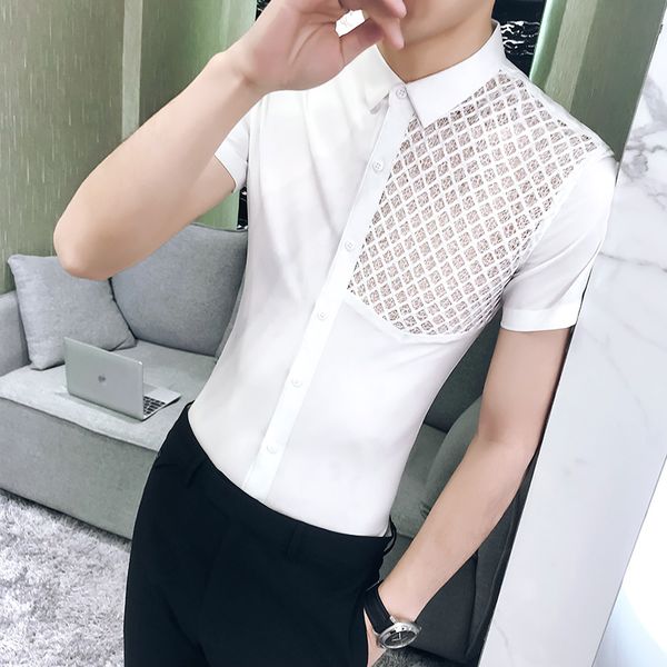 

summer short sleeve men shirt fashion streetwear hollow mens casual shirts slim fit solid work shirt man clothes, White;black