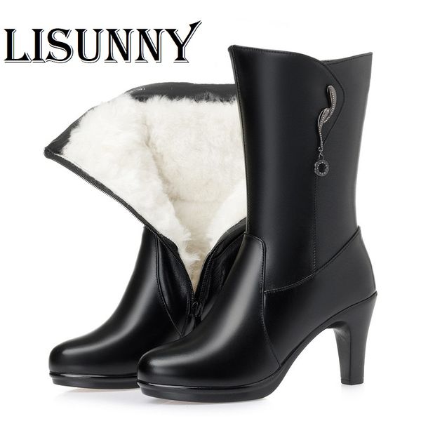 

2020 women's long boots genuine leather new high-heeled fashion office high boots wool winter for women, Black