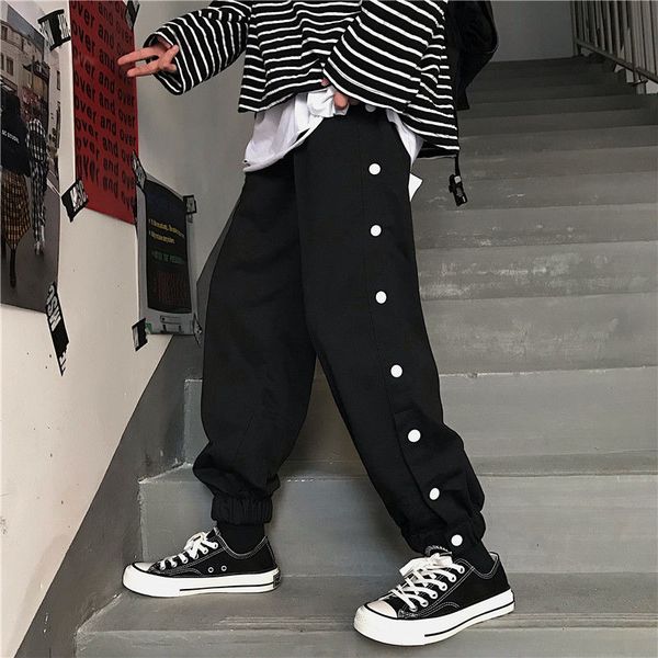 

spring sweatpants men's fashion solid color button track pants men streetwear wild loose hip hop straight trousers mens m-xl, Black