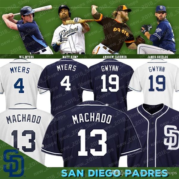 

13 Manny Machado San Diego jersey Padres 19 Tony Gwynn 4 Wil Meyers 50th patch cool base Blue White