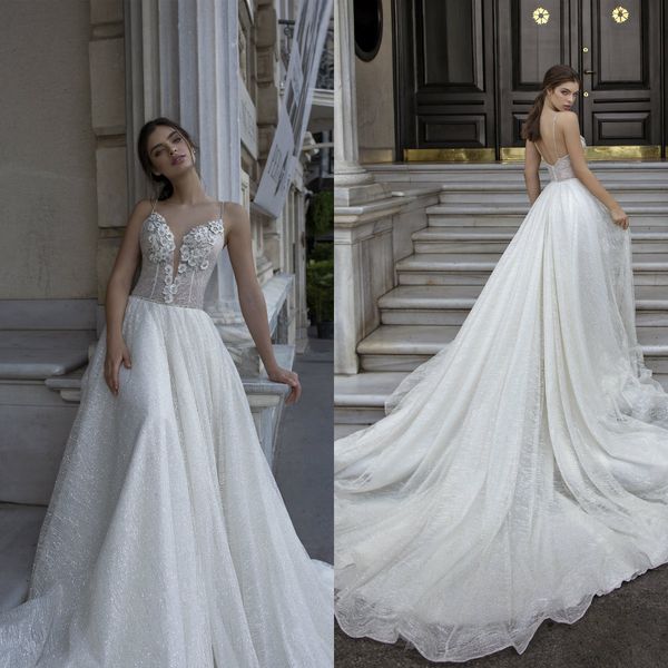 

a line beach wedding dresses lace appliques sequined spaghetti straps wedding bridal gowns iillusion custom made robes de mariÃ©e, White