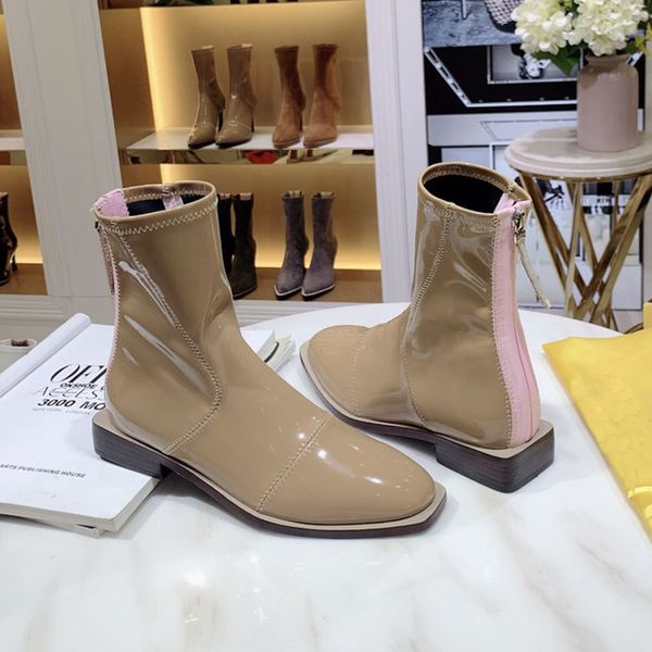 

new 2020 fashion ladies winter boots black glossy neoprene short heel and ankle boots leather bottom combat boots 1101